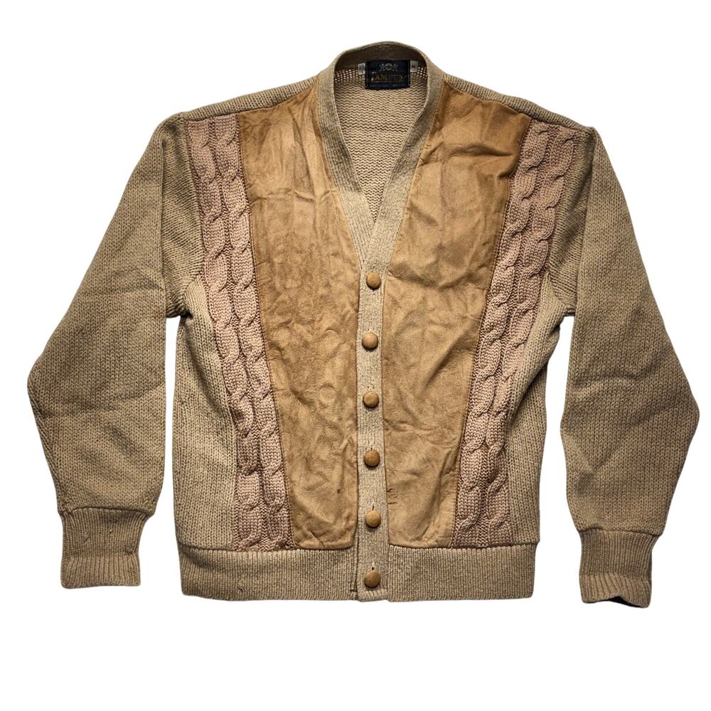 Vintage 60s Campus Cardigan Mens Medium M Tan Suede Trim Cable Knit Sweater USA